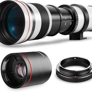 High-Power 420-1600mm f/8.3 HD Manual Telephoto Zoom Lens for Canon EOS 80D, 90D, Rebel T3, T5, T7, 70D, 5D, 6D II, 7D II Cameras WHITE