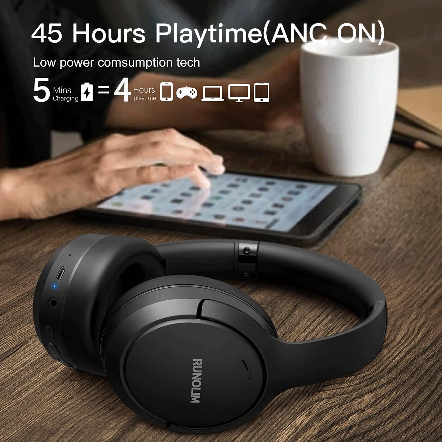 RUNOLIM Hybrid Active Noise Cancelling Headphones, Wireless Over Ear Bluetooth Headphones with Microphone, 70H Playtime, Foldable Headphone with HiFi Audio, Deep Bass for Home Travel Office - Image 3