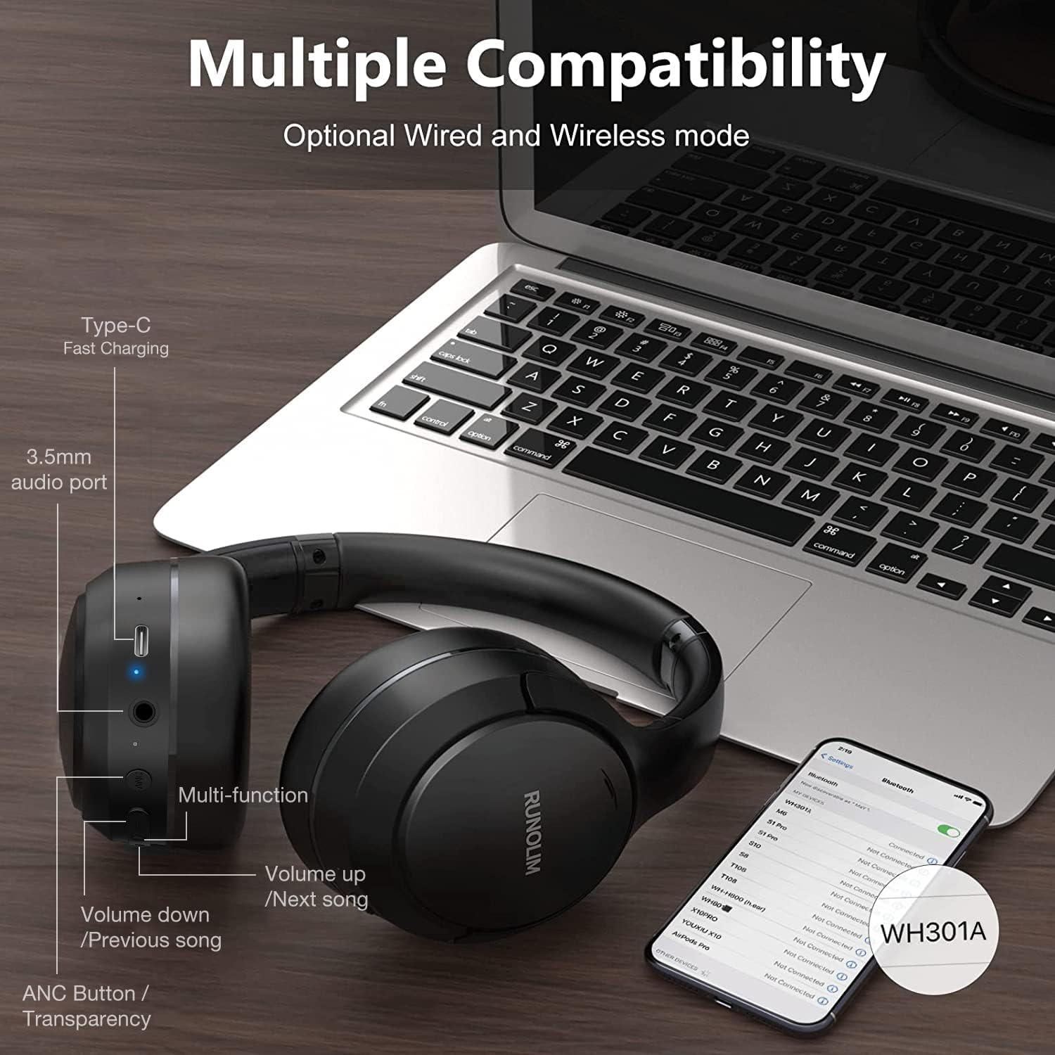 RUNOLIM Hybrid Active Noise Cancelling Headphones, Wireless Over Ear Bluetooth Headphones with Microphone, 70H Playtime, Foldable Headphone with HiFi Audio, Deep Bass for Home Travel Office - Image 8